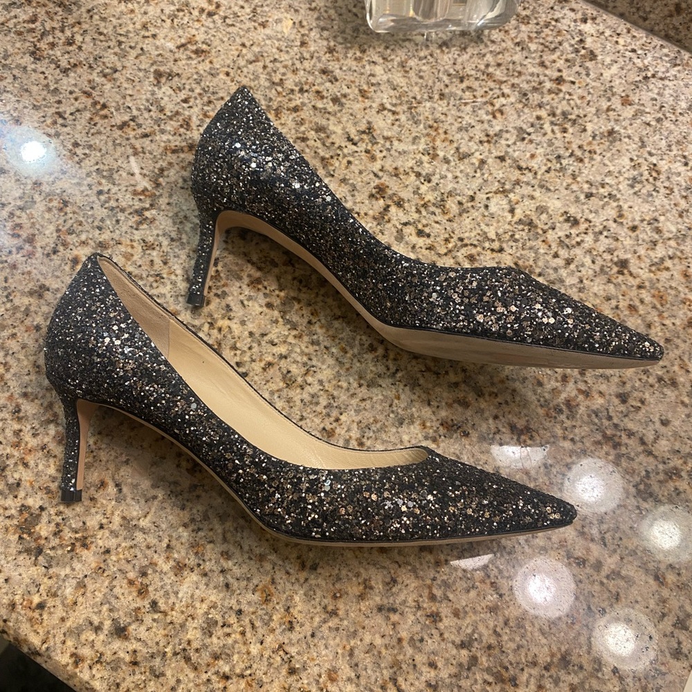 Jimmy Choo Black and Silver Glitter Heels - Picture 2 of 4